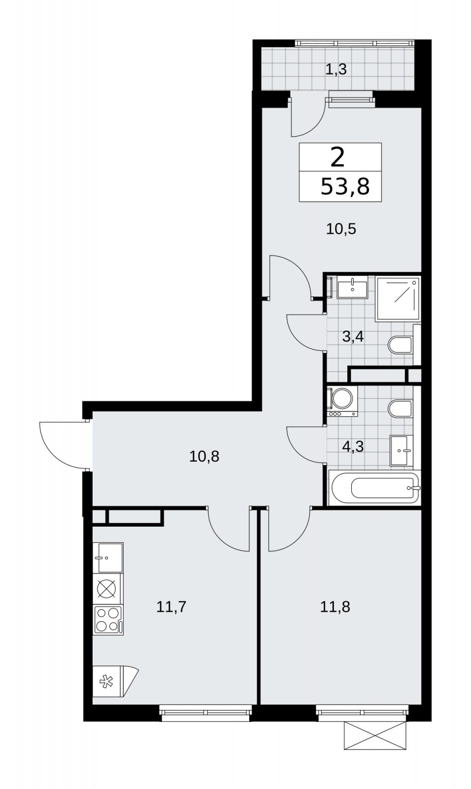 2-комнатная квартира без отделки, 53.8 м2, 10 этаж, сдача 1 квартал 2026 г., ЖК Прокшино, корпус 11.2.1 - объявление 2269961 - фото №1