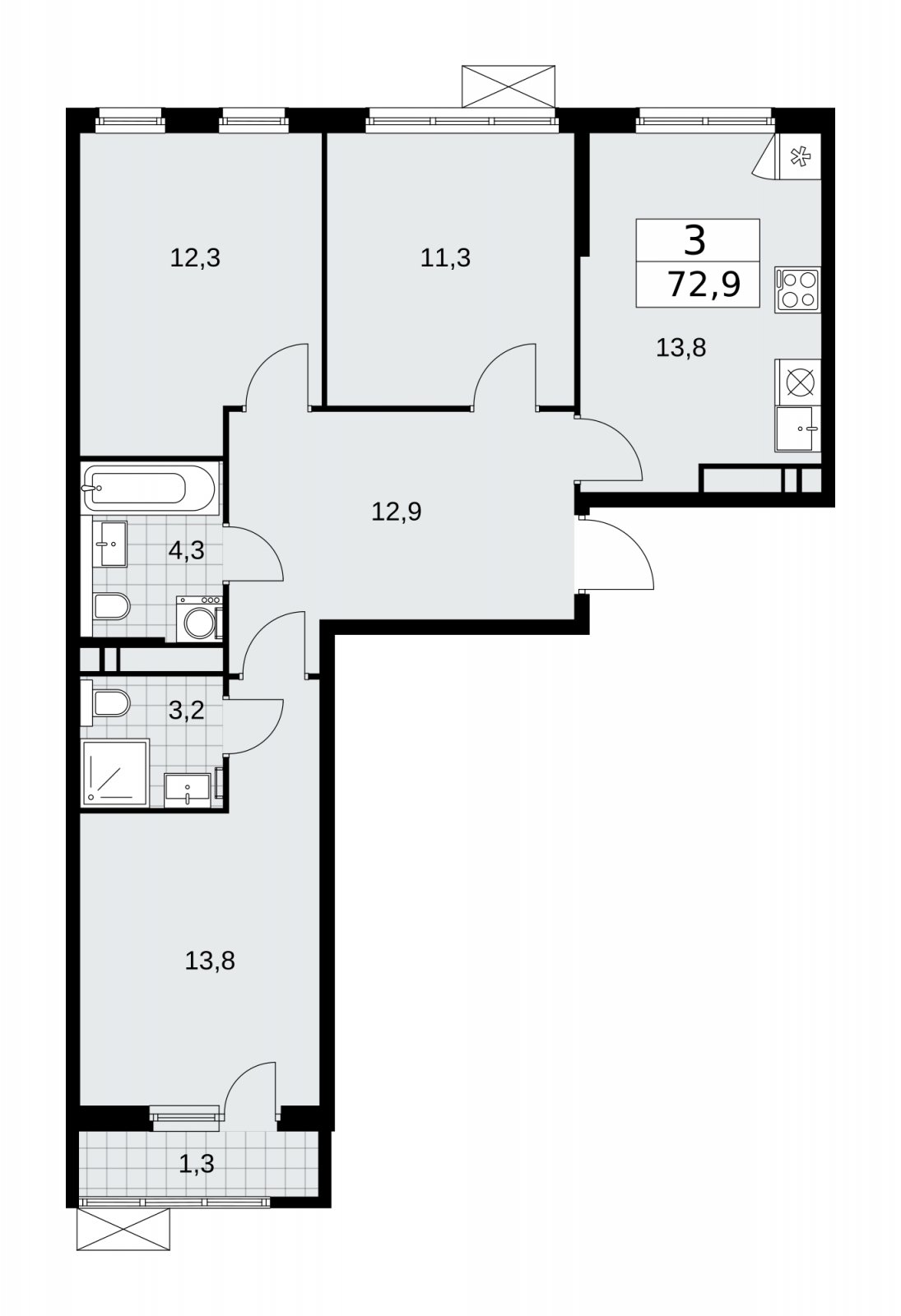 3-комнатная квартира с частичной отделкой, 72.9 м2, 16 этаж, сдача 2 квартал 2026 г., ЖК Прокшино, корпус 11.2.3 - объявление 2270335 - фото №1