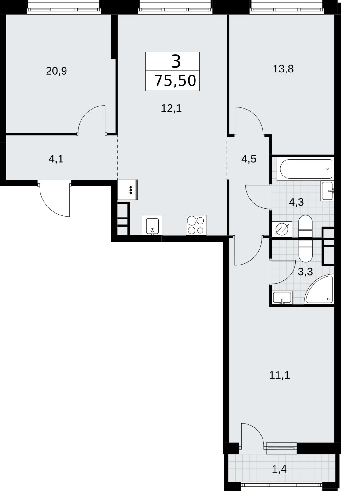 3-комнатная квартира без отделки, 75.5 м2, 6 этаж, сдача 3 квартал 2026 г., ЖК Родные кварталы, корпус 3.1 - объявление 2378331 - фото №1