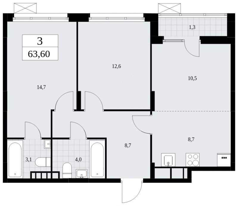 3-комнатная квартира (евро) с частичной отделкой, 63.6 м2, 5 этаж, сдача 1 квартал 2025 г., ЖК Дзен-кварталы, корпус 1.2 - объявление 1895732 - фото №1