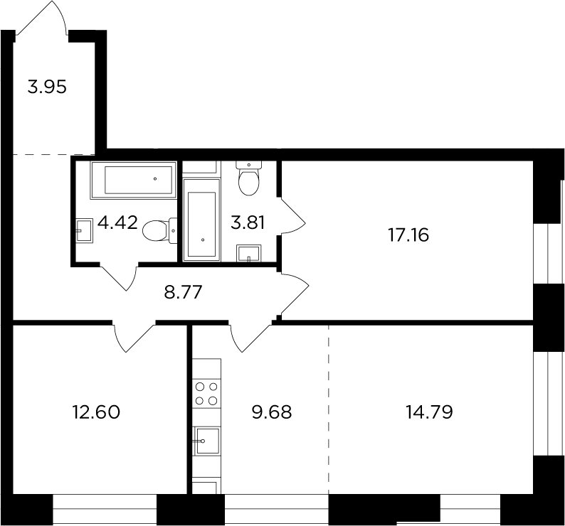3-комнатная квартира с частичной отделкой, 75.18 м2, 14 этаж, дом сдан, ЖК FORIVER, корпус 7 - объявление 2371370 - фото №1
