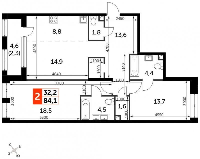 2-комнатная квартира с частичной отделкой, 84.1 м2, 11 этаж, сдача 3 квартал 2024 г., ЖК Sydney City, корпус 2.1 - объявление 1658361 - фото №1