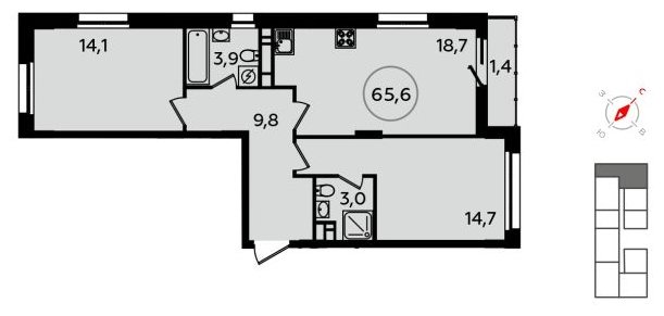 2-комнатная квартира без отделки, 65.6 м2, 9 этаж, сдача 1 квартал 2022 г., ЖК Скандинавия, корпус 13.4 - объявление 1412578 - фото №1