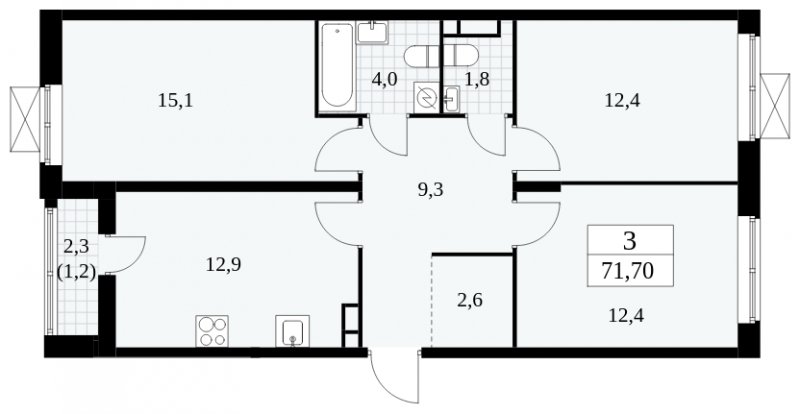 3-комнатная квартира без отделки, 71.7 м2, 5 этаж, сдача 1 квартал 2025 г., ЖК Прокшино, корпус 5.1.3 - объявление 1810735 - фото №1