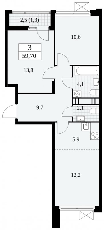 3-комнатная квартира (евро) с полной отделкой, 59.7 м2, 11 этаж, сдача 2 квартал 2025 г., ЖК Скандинавия, корпус 2.27.4 - объявление 1840754 - фото №1