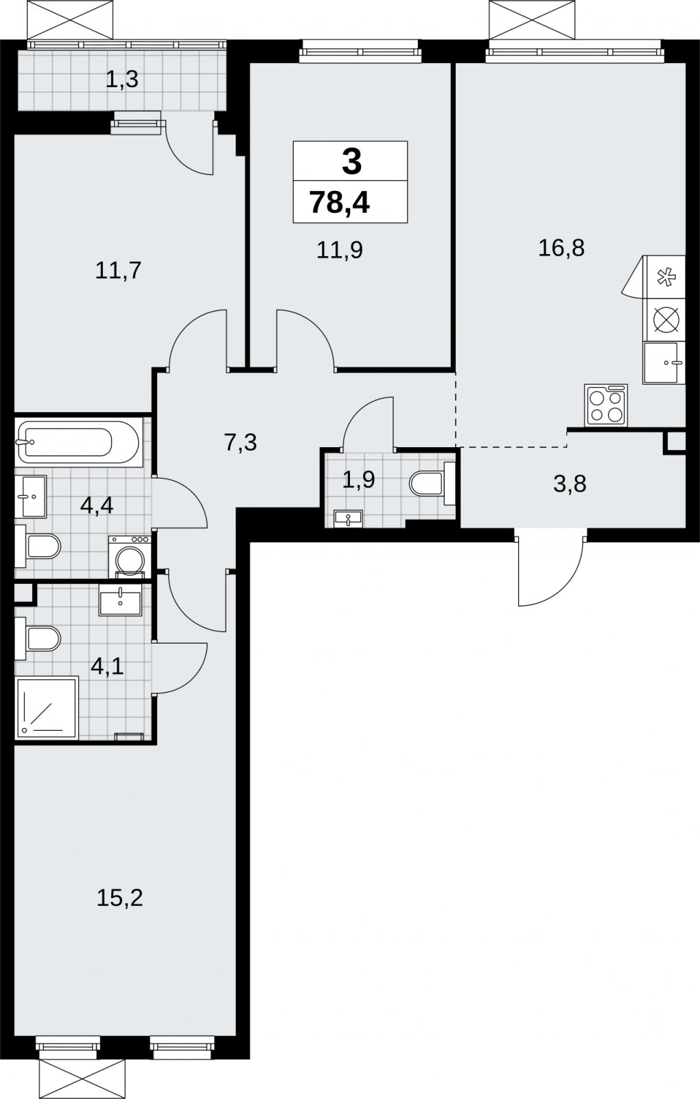 3-комнатная квартира с полной отделкой, 78.4 м2, 2 этаж, сдача 3 квартал 2026 г., ЖК Дзен-кварталы, корпус 6.1.3 - объявление 2327683 - фото №1