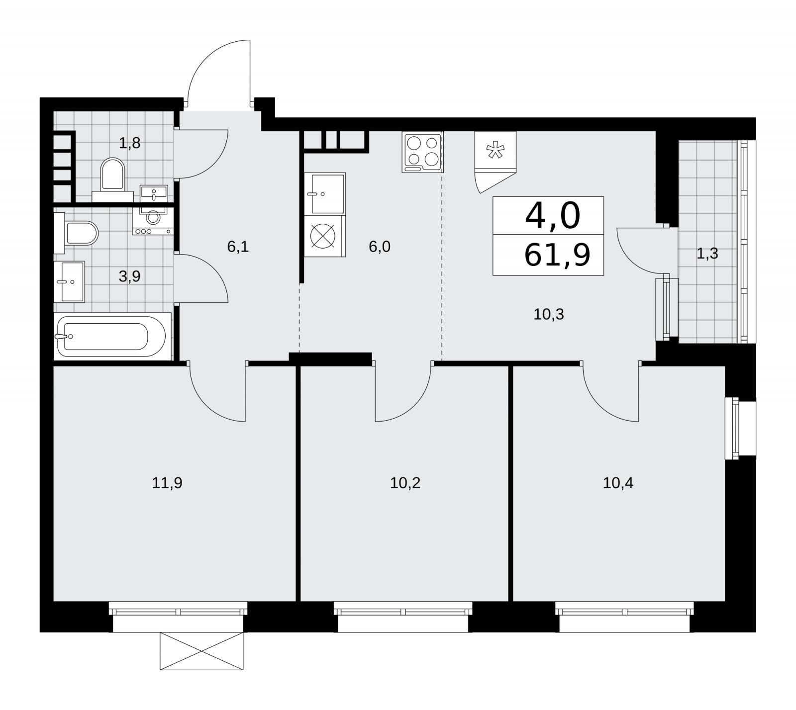 4-комнатная квартира (евро) с частичной отделкой, 61.9 м2, 12 этаж, сдача 2 квартал 2026 г., ЖК Прокшино, корпус 10.1.4 - объявление 2227559 - фото №1