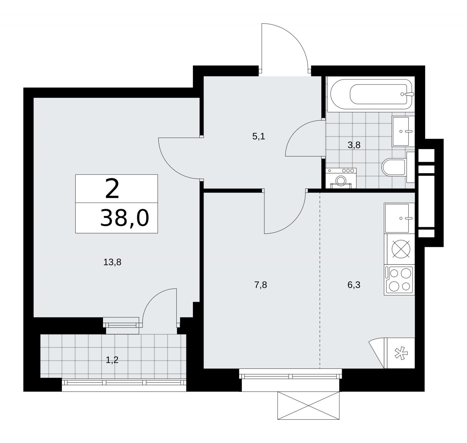 2-комнатная квартира (евро) без отделки, 38 м2, 4 этаж, сдача 2 квартал 2026 г., ЖК Скандинавия, корпус 25.4 - объявление 2284143 - фото №1