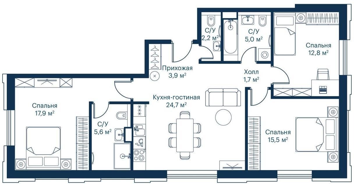 3-комнатная квартира с частичной отделкой, 88.7 м2, 2 этаж, дом сдан, ЖК City Bay, корпус Indian Ocean 7 - объявление 2231531 - фото №1