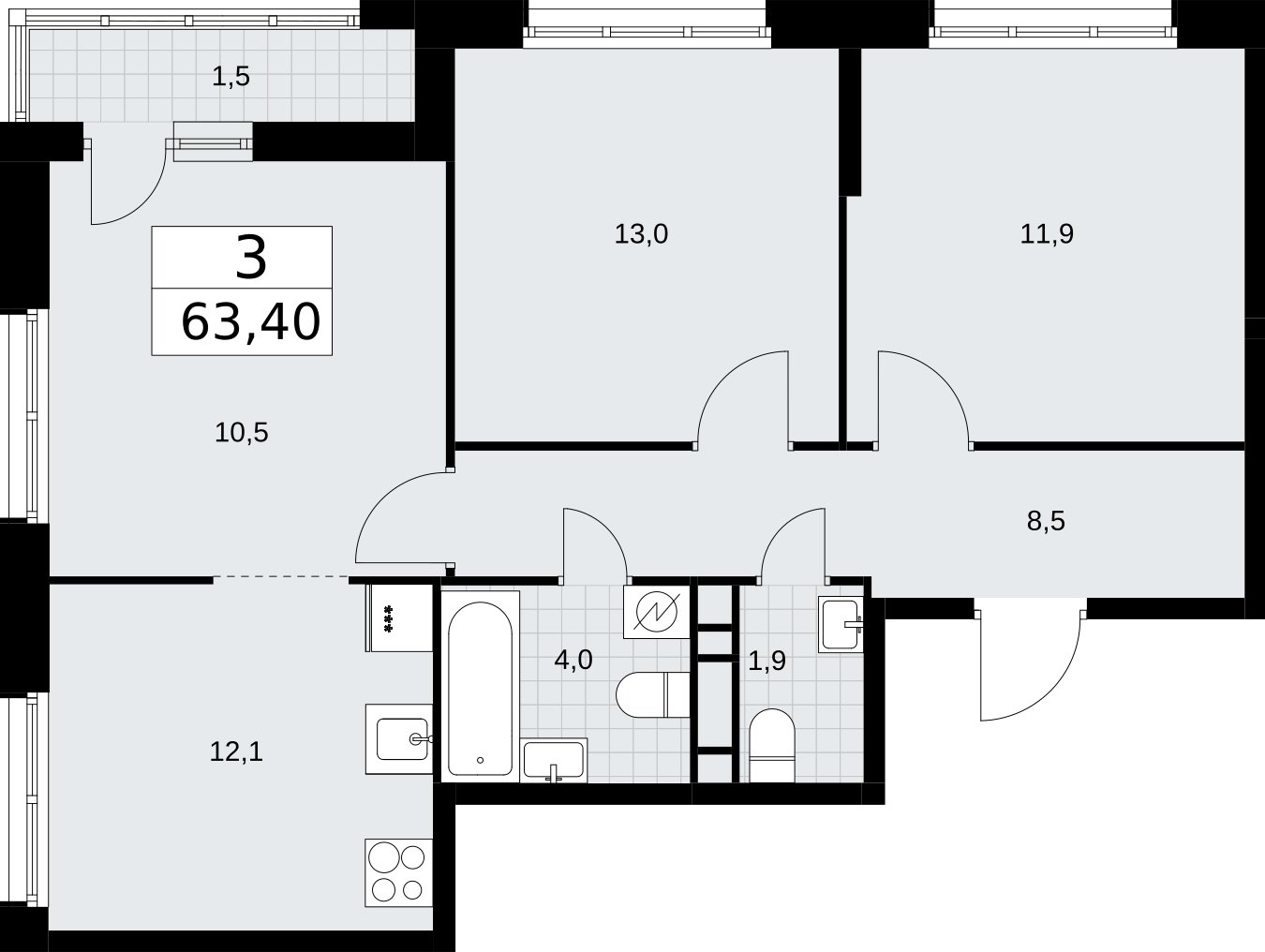 3-комнатная квартира без отделки, 63.4 м2, 6 этаж, сдача 3 квартал 2026 г., ЖК Родные кварталы, корпус 3.1 - объявление 2378336 - фото №1