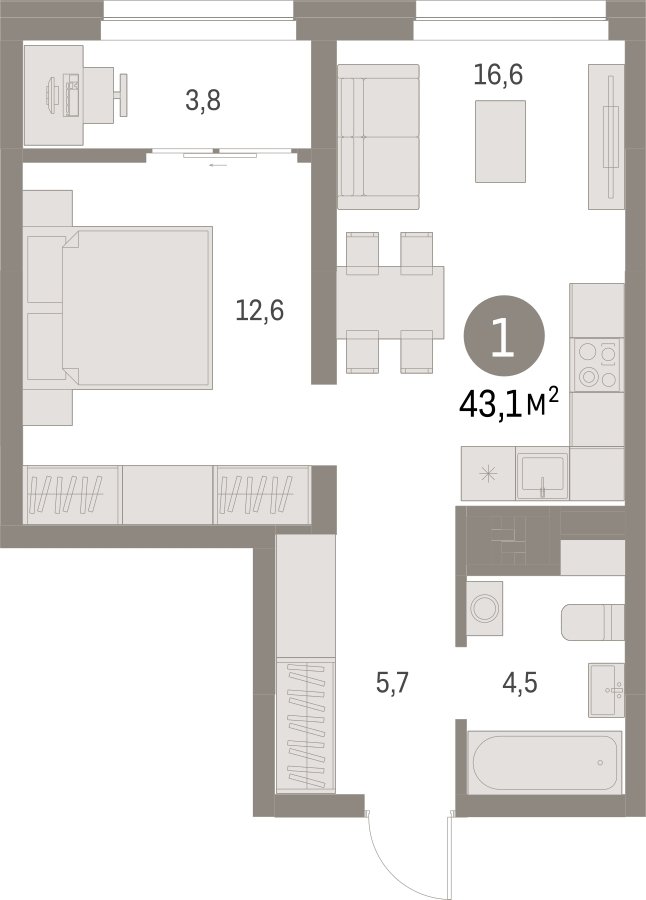 1-комнатная квартира с частичной отделкой, 43.14 м2, 12 этаж, сдача 1 квартал 2025 г., ЖК Первый квартал, корпус Дом 5 - объявление 2281548 - фото №1