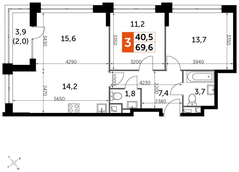 3-комнатная квартира с частичной отделкой, 69.6 м2, 28 этаж, сдача 1 квартал 2023 г., ЖК Sydney City, корпус 1 - объявление 1580520 - фото №1