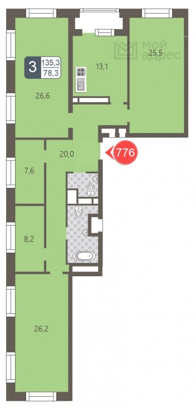 3-комнатная квартира с частичной отделкой, 135.3 м2, 16 этаж, дом сдан, ЖК мой адрес На Береговом, корпус Южный квартал - объявление 1795436 - фото №1