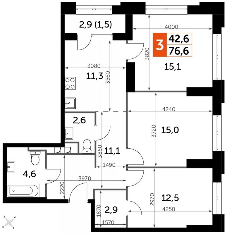 3-комнатная квартира с частичной отделкой, 76.6 м2, 2 этаж, сдача 1 квартал 2023 г., ЖК Sydney City, корпус 3 - объявление 1580512 - фото №1