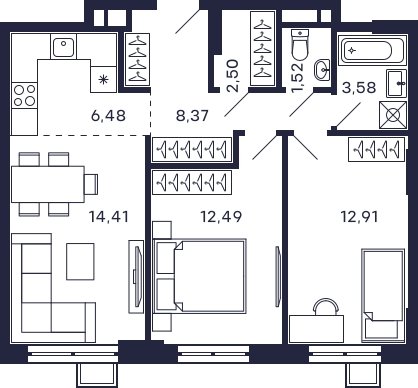 1-комнатная квартира без отделки, 39.4 м2, 6 этаж, сдача 2 квартал 2025 г., ЖК Квартал Тетрис, корпус "Квартал Тетрис 2.2" - объявление 2278072 - фото №1