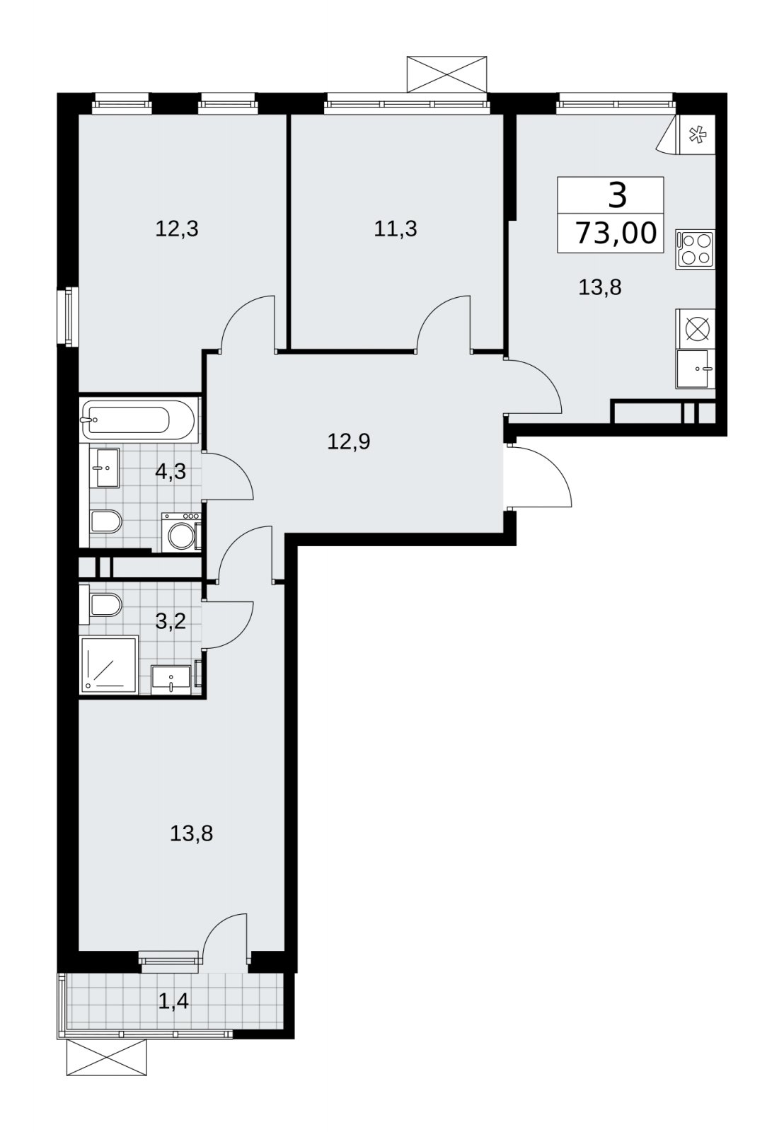3-комнатная квартира с частичной отделкой, 73 м2, 16 этаж, сдача 2 квартал 2026 г., ЖК Прокшино, корпус 11.2.3 - объявление 2270258 - фото №1
