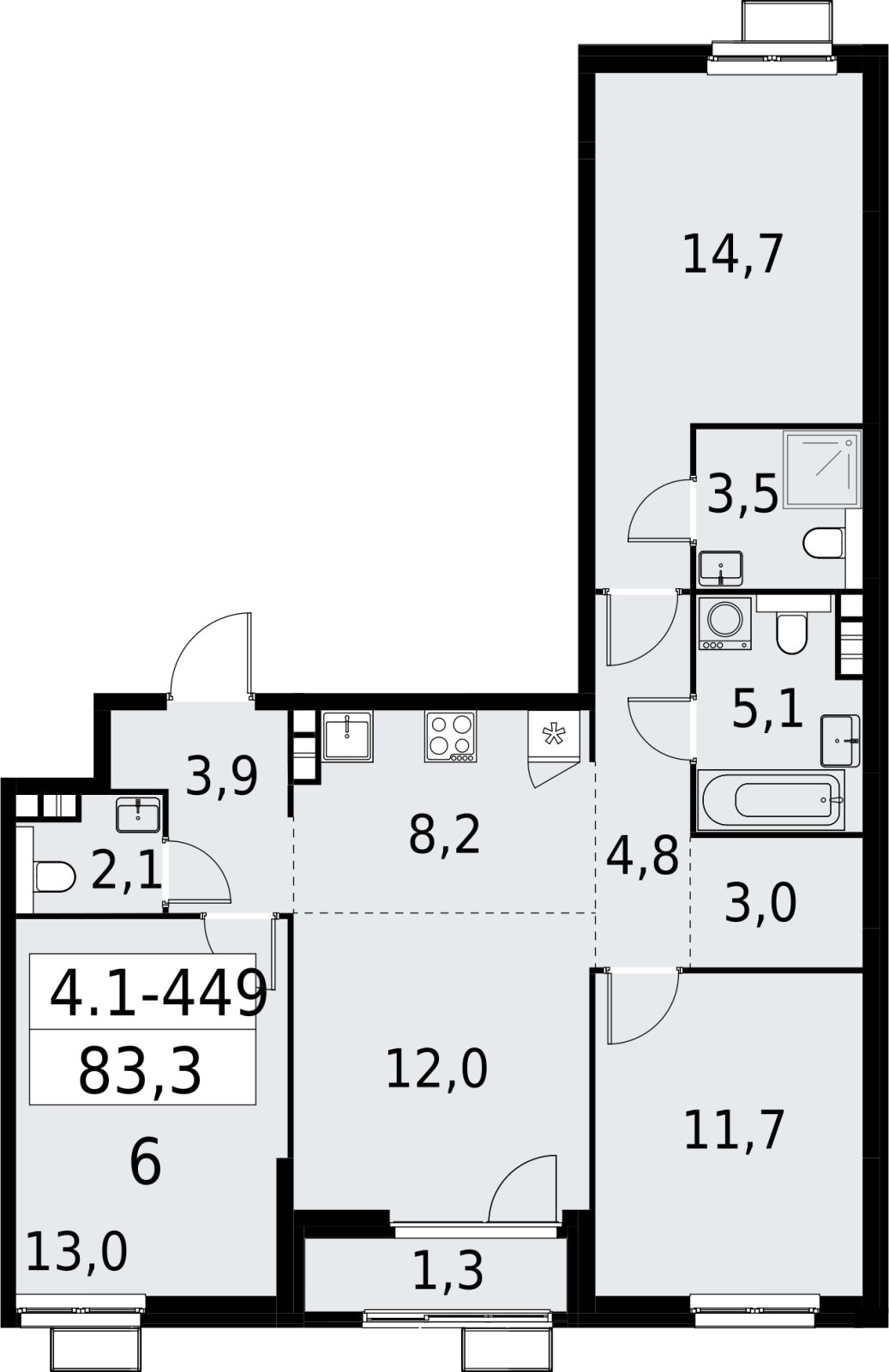 4-комнатная квартира (евро) с полной отделкой, 83.3 м2, 7 этаж, сдача 2 квартал 2027 г., ЖК Южные сады, корпус 4.1.2 - объявление 2392954 - фото №1
