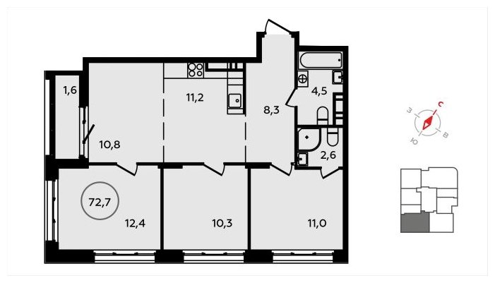4-комнатная квартира (евро) с полной отделкой, 72.7 м2, 11 этаж, сдача 3 квартал 2024 г., ЖК Скандинавия, корпус 2.22.5 - объявление 1625831 - фото №1