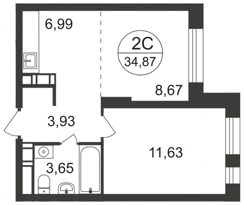 2-комнатная квартира с полной отделкой, 34.87 м2, 16 этаж, сдача 3 квартал 2023 г., ЖК Люберцы, корпус 66 - объявление 1597930 - фото №1
