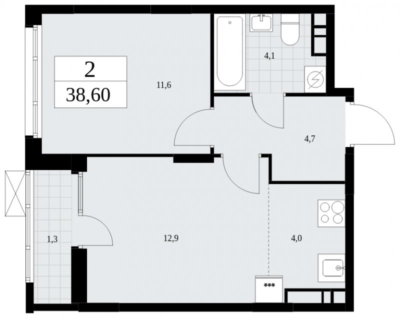 2-комнатная квартира (евро) с частичной отделкой, 38.6 м2, 9 этаж, сдача 1 квартал 2025 г., ЖК Дзен-кварталы, корпус 1.2 - объявление 1895794 - фото №1