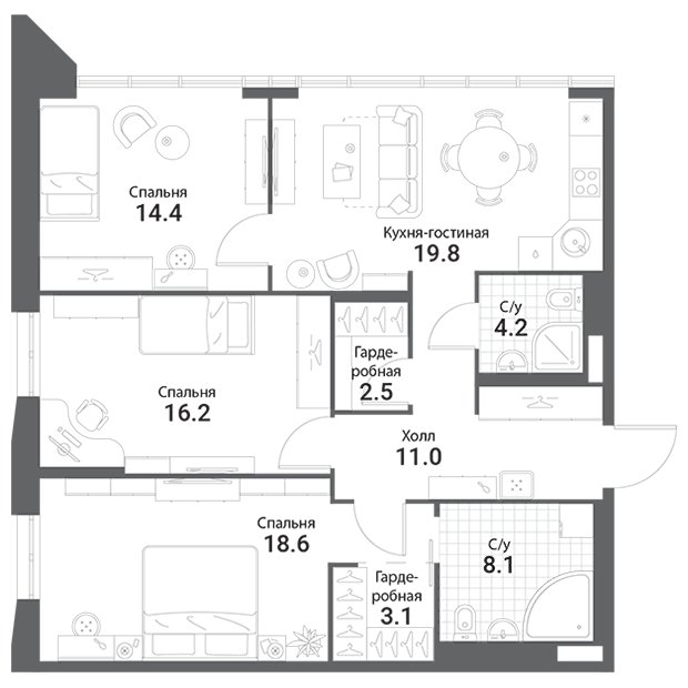 3-комнатная квартира без отделки, 97.9 м2, 17 этаж, дом сдан, ЖК Nagatino i-Land, корпус А1 - объявление 1954448 - фото №1
