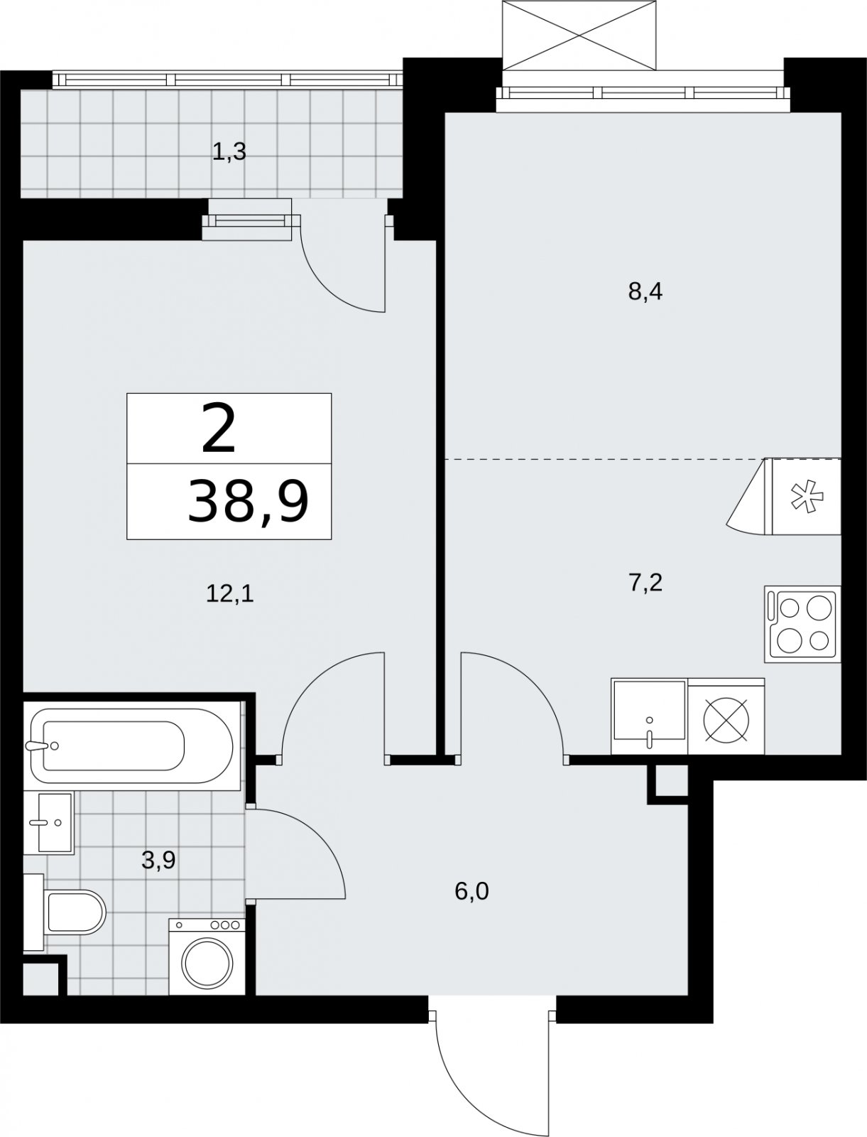 2-комнатная квартира (евро) с частичной отделкой, 38.9 м2, 2 этаж, сдача 2 квартал 2026 г., ЖК Бунинские кварталы, корпус 5.1 - объявление 2297187 - фото №1