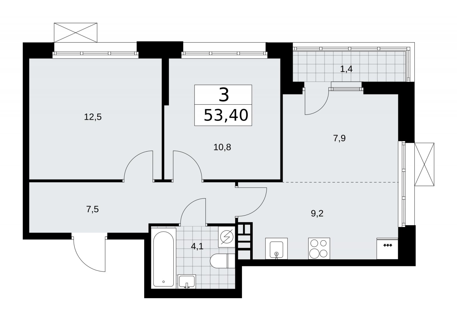 3-комнатная квартира (евро) с частичной отделкой, 53.4 м2, 5 этаж, сдача 4 квартал 2025 г., ЖК Бунинские кварталы, корпус 3.3 - объявление 2152008 - фото №1