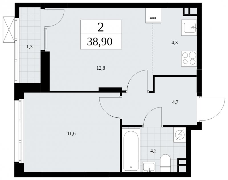 2-комнатная квартира (евро) с частичной отделкой, 38.9 м2, 3 этаж, сдача 1 квартал 2025 г., ЖК Дзен-кварталы, корпус 1.2 - объявление 1895685 - фото №1