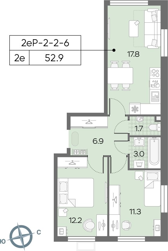 2-комнатная квартира с полной отделкой, 52.9 м2, 2 этаж, сдача 3 квартал 2024 г., ЖК Лучи, корпус 15 - объявление 2184428 - фото №1