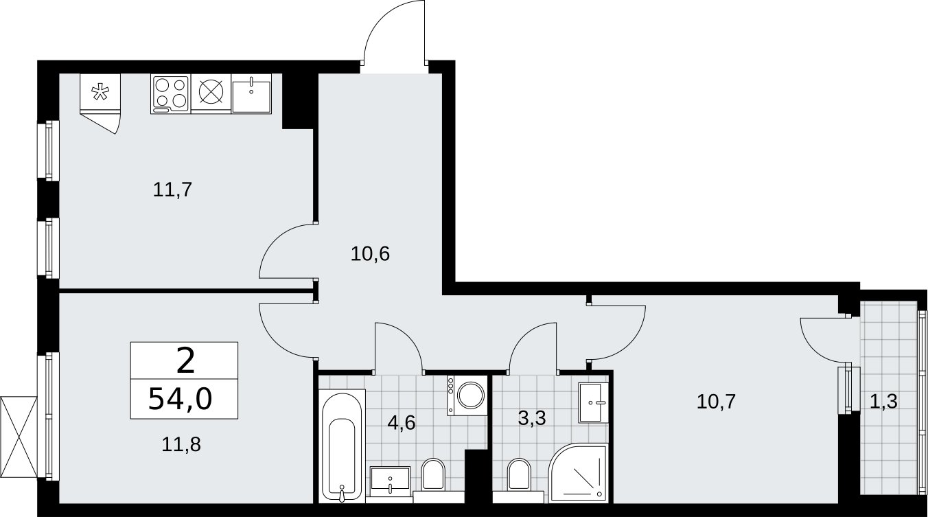 2-комнатная квартира без отделки, 54 м2, 3 этаж, сдача 2 квартал 2026 г., ЖК Бунинские кварталы, корпус 7.3 - объявление 2313651 - фото №1