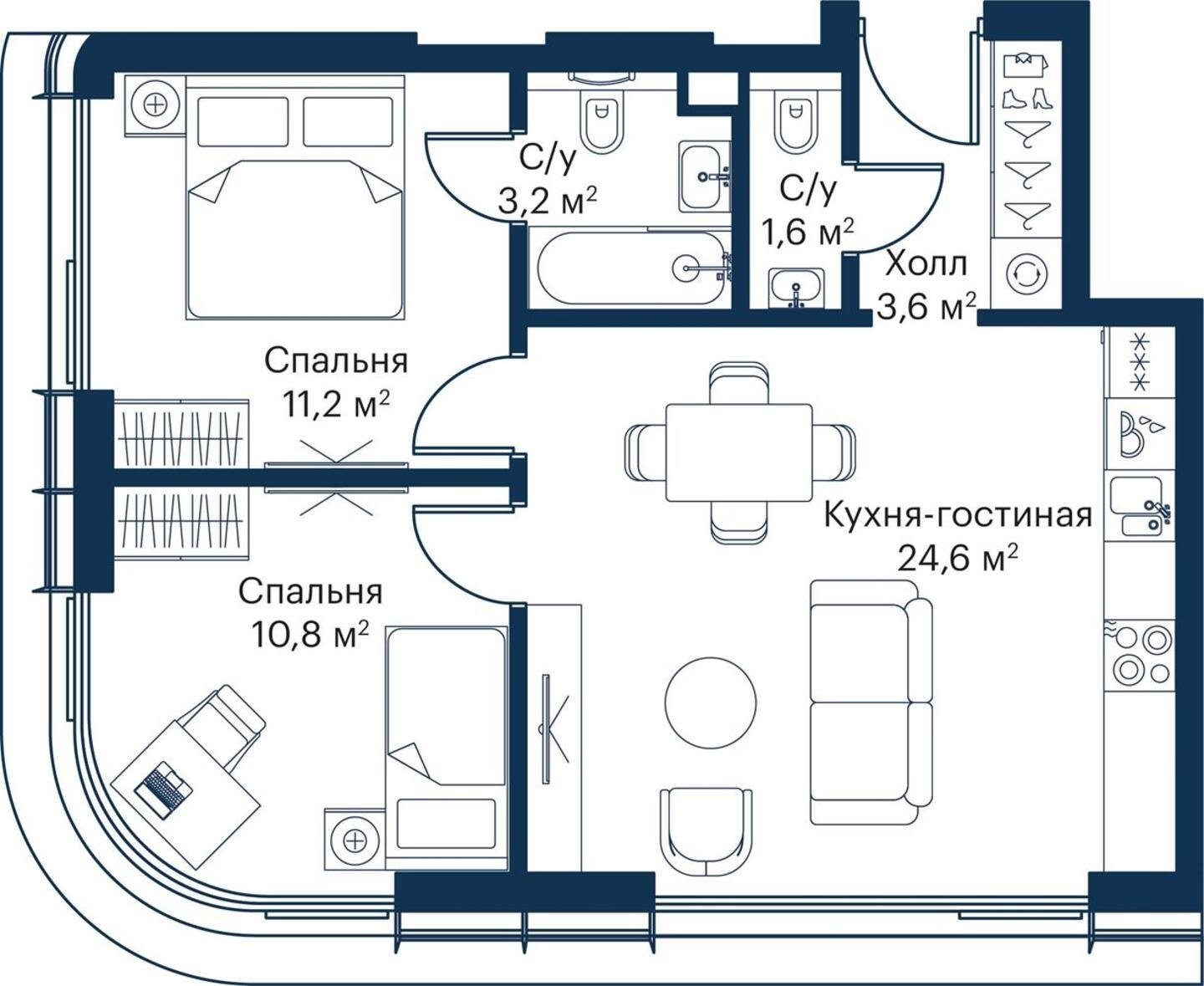 2-комнатная квартира с частичной отделкой, 55 м2, 32 этаж, дом сдан, ЖК City Bay, корпус Atlantic Ocean 1 - объявление 2250013 - фото №1