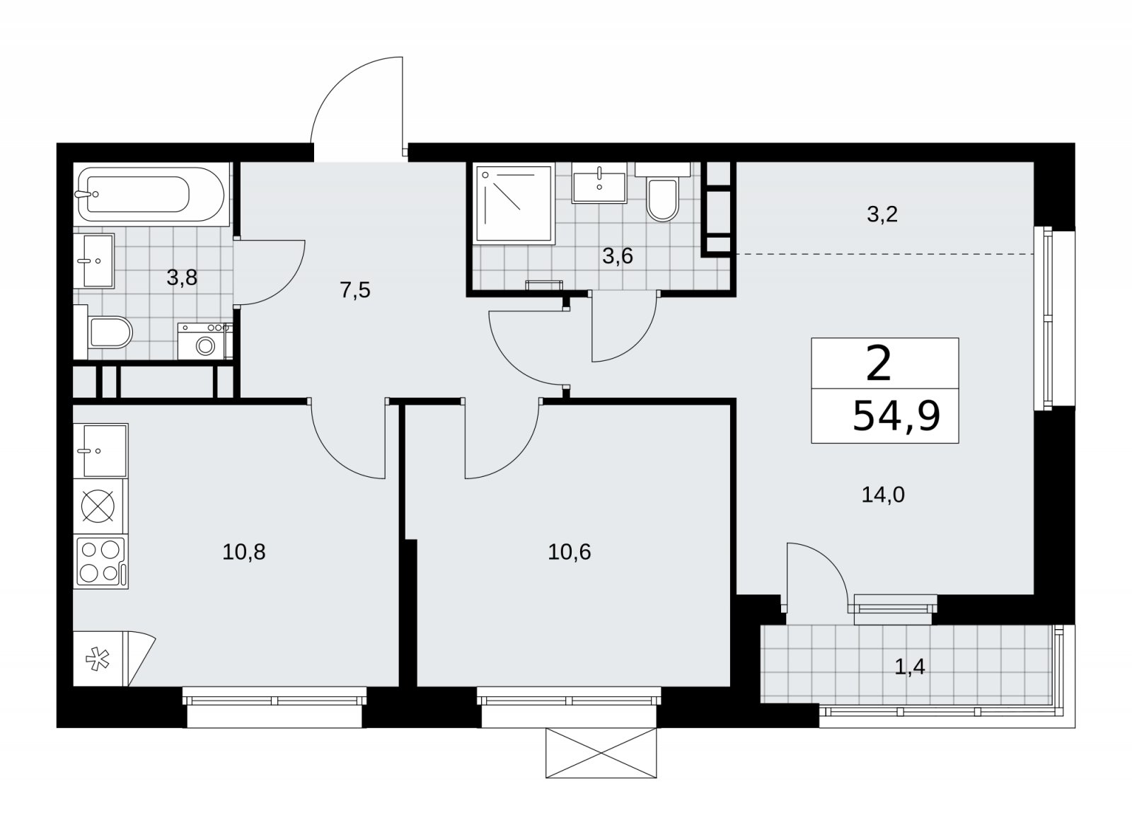 2-комнатная квартира без отделки, 54.9 м2, 12 этаж, сдача 2 квартал 2026 г., ЖК Скандинавия, корпус 25.4 - объявление 2284238 - фото №1