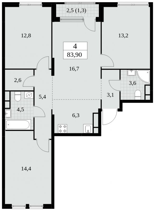 4-комнатная квартира (евро) без отделки, 83.9 м2, 12 этаж, сдача 2 квартал 2025 г., ЖК Южные сады, корпус 2.4 - объявление 1760329 - фото №1