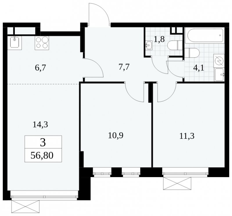 3-комнатная квартира (евро) без отделки, 56.8 м2, 2 этаж, сдача 1 квартал 2025 г., ЖК Прокшино, корпус 5.2.5 - объявление 1900811 - фото №1