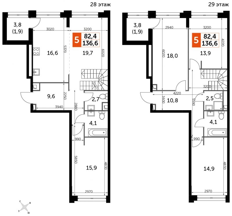 5-комнатная квартира без отделки, 136.6 м2, 28 этаж, сдача 1 квартал 2023 г., ЖК Sydney City, корпус 1 - объявление 1710701 - фото №1