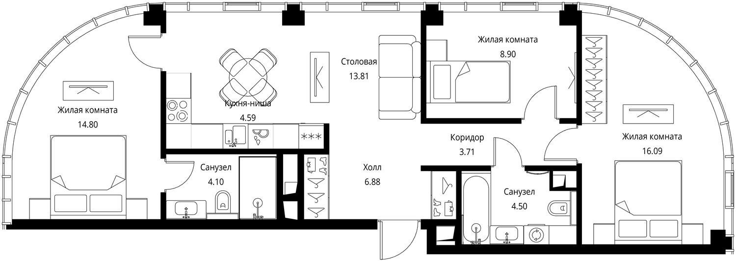 3-комнатная квартира с частичной отделкой, 77.37 м2, 34 этаж, сдача 3 квартал 2026 г., ЖК City Bay, корпус North Ocean 8 - объявление 2332392 - фото №1