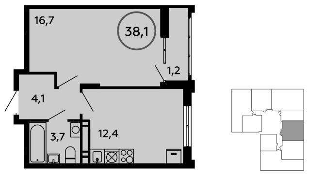 1-комнатная квартира без отделки, 38.1 м2, 12 этаж, сдача 1 квартал 2023 г., ЖК Скандинавия, корпус 2.14.1 - объявление 1499182 - фото №1