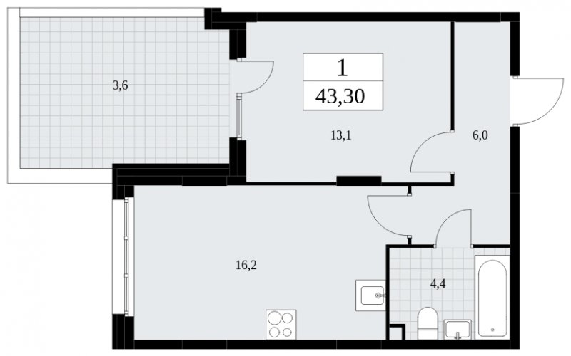1-комнатная квартира без отделки, 43.3 м2, 2 этаж, сдача 4 квартал 2024 г., ЖК Скандинавия, корпус 36.2.2 - объявление 1779934 - фото №1
