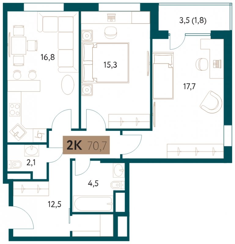 2-комнатная квартира 70.7 м2, 8 этаж, сдача 4 квартал 2022 г., ЖК Настоящее, корпус 1 - объявление 1711405 - фото №1