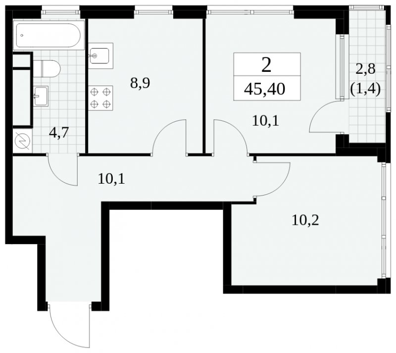 2-комнатная квартира без отделки, 45.4 м2, 26 этаж, сдача 2 квартал 2025 г., ЖК Южные сады, корпус 2.4 - объявление 1760399 - фото №1
