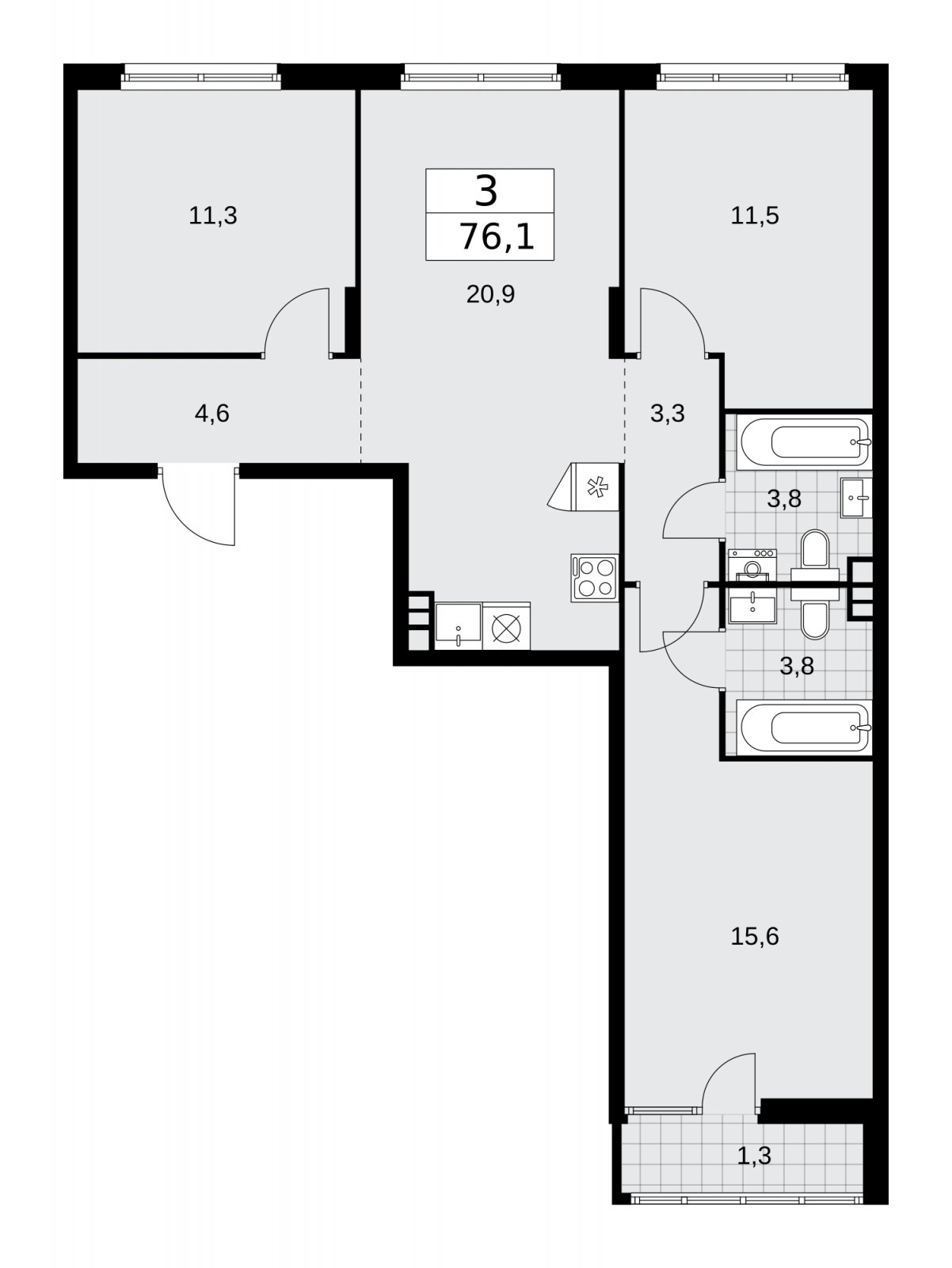 3-комнатная квартира с полной отделкой, 76.1 м2, 3 этаж, сдача 2 квартал 2026 г., ЖК Деснаречье, корпус 4.7 - объявление 2264752 - фото №1
