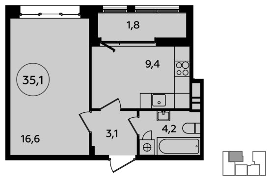 1-комнатная квартира без отделки, 35.1 м2, 3 этаж, сдача 4 квартал 2023 г., ЖК Скандинавия, корпус 23.6 - объявление 1515227 - фото №1