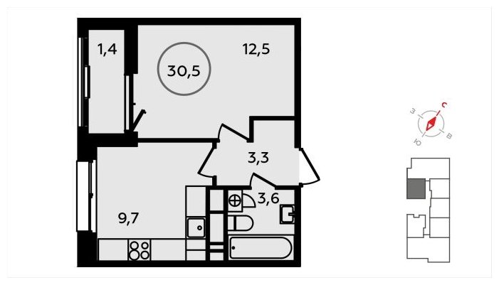 1-комнатная квартира с частичной отделкой, 30.5 м2, 11 этаж, сдача 3 квартал 2024 г., ЖК Скандинавия, корпус 22.3 - объявление 1625606 - фото №1