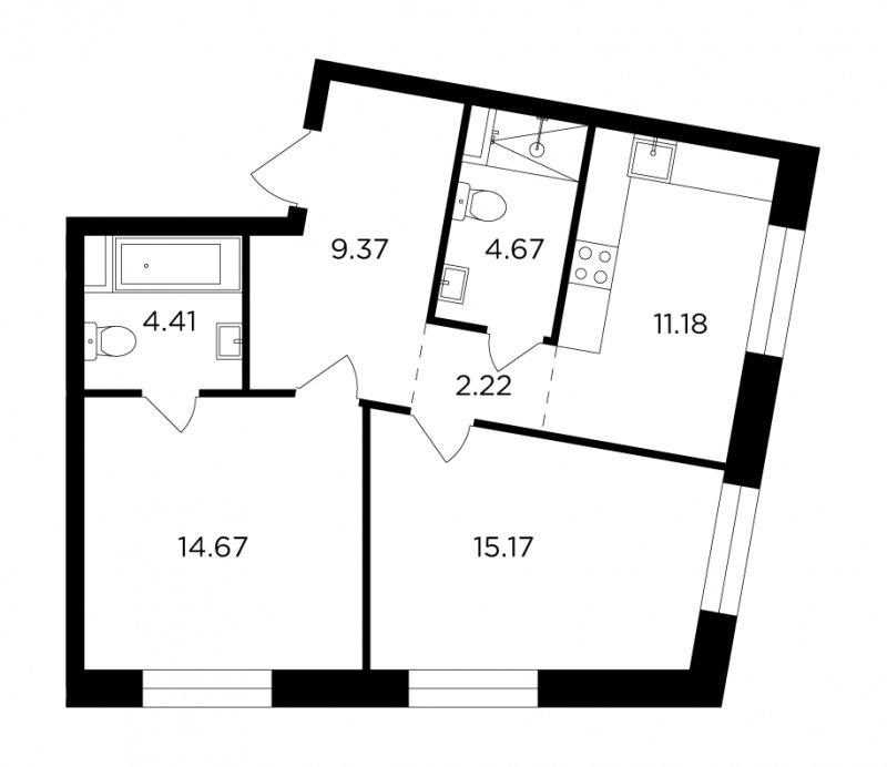 2-комнатная квартира без отделки, 61.69 м2, 12 этаж, сдача 4 квартал 2023 г., ЖК FORIVER, корпус 8 - объявление 1748166 - фото №1