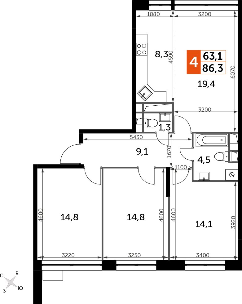 4-комнатная квартира с полной отделкой, 86.3 м2, 12 этаж, дом сдан, ЖК Датский квартал, корпус 2 - объявление 2406162 - фото №1