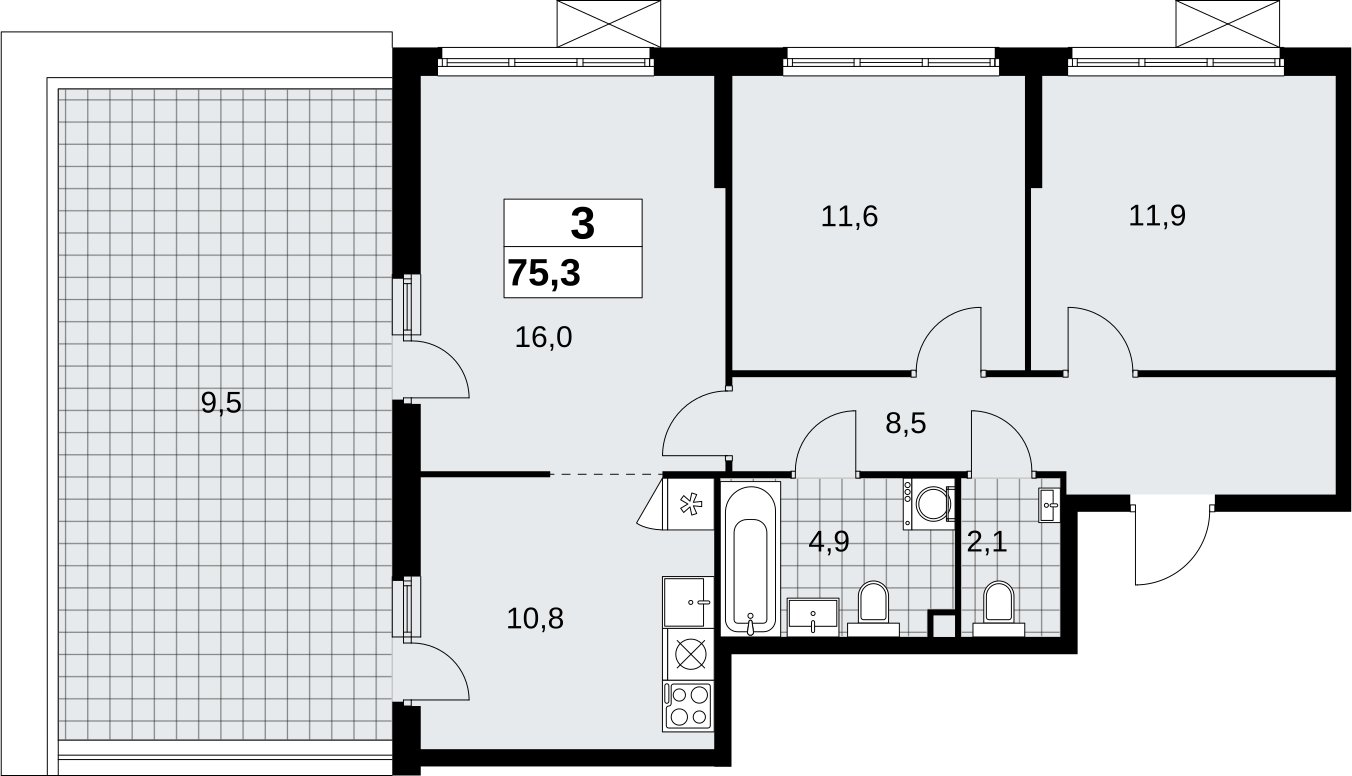 3-комнатная квартира без отделки, 75.3 м2, 2 этаж, сдача 4 квартал 2026 г., ЖК Скандинавия, корпус 2.18.2.4 - объявление 2351479 - фото №1