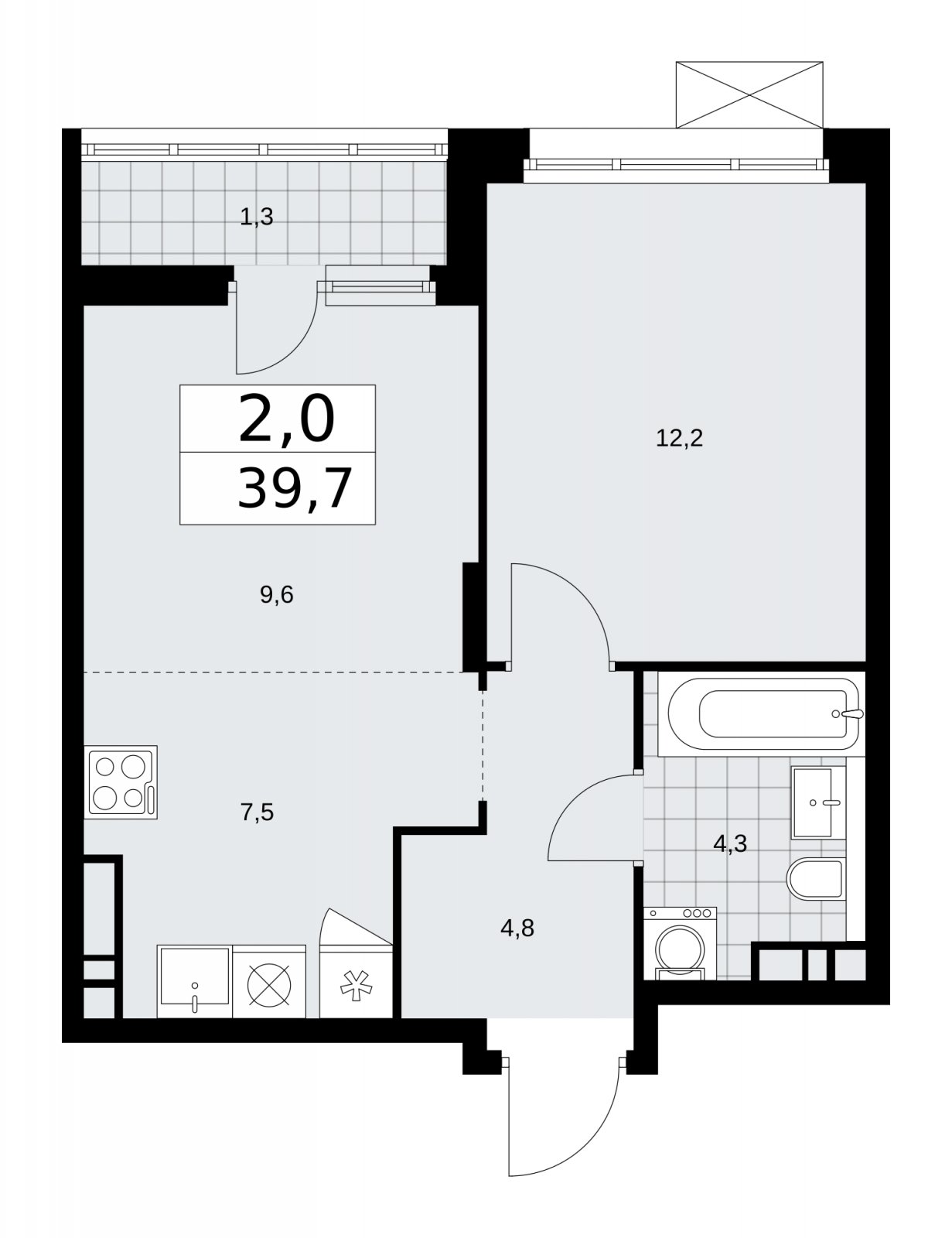 2-комнатная квартира (евро) с частичной отделкой, 39.7 м2, 13 этаж, сдача 2 квартал 2026 г., ЖК Прокшино, корпус 10.1.5 - объявление 2227721 - фото №1