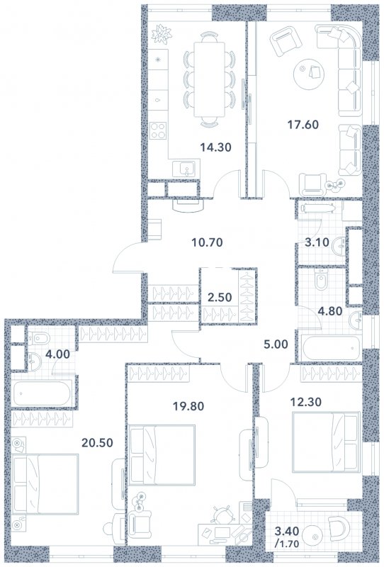4-комнатная квартира без отделки, 116.3 м2, 17 этаж, сдача 3 квартал 2023 г., ЖК Серебряный фонтан, корпус 3 - объявление 1677603 - фото №1