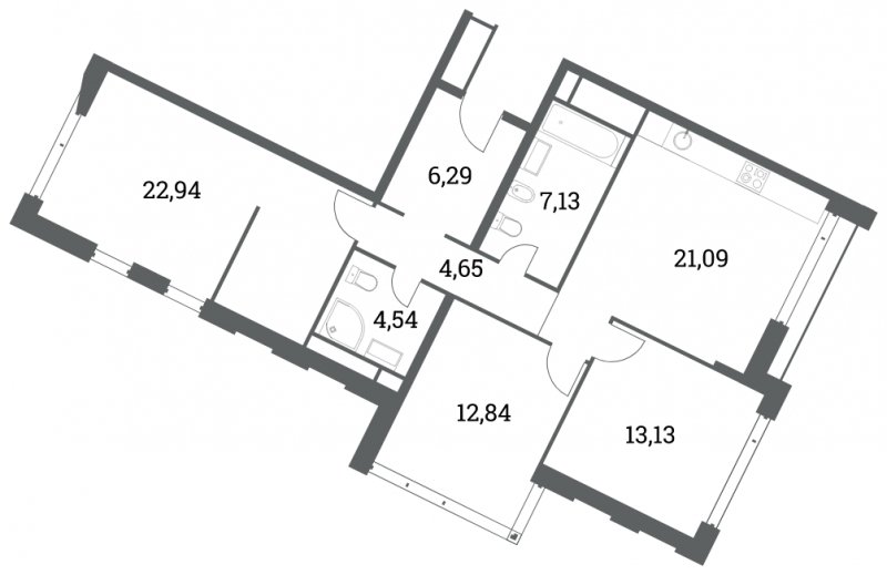 3-комнатная квартира без отделки, 92.61 м2, 4 этаж, сдача 4 квартал 2022 г., ЖК Headliner, корпус 7 - объявление 1285060 - фото №1