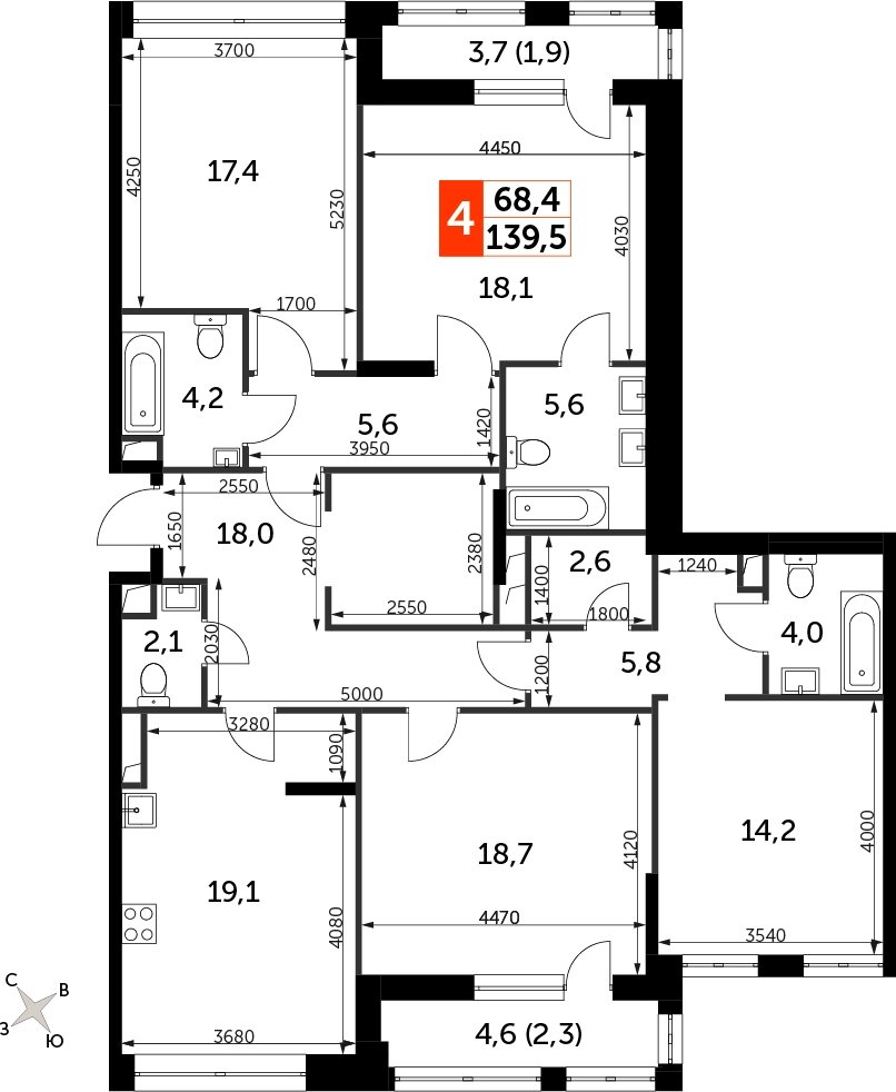 4-комнатная квартира с частичной отделкой, 139.5 м2, 16 этаж, сдача 3 квартал 2024 г., ЖК Sydney City, корпус 2.1 - объявление 2334830 - фото №1